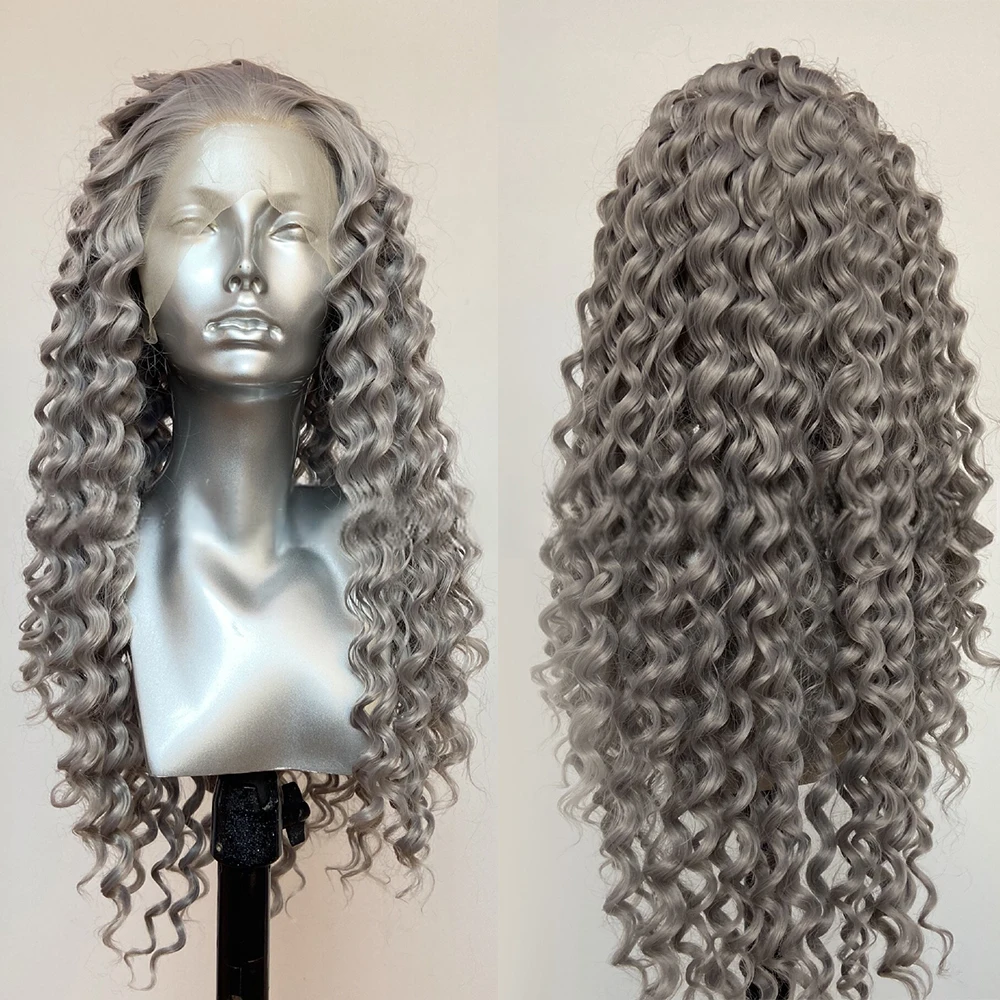 Grey Deep Curly Lace Wig Synthetic Frontal Lace Wigs For Women Long Kinky Curl Hair Colored Hair Ready To Wear Cosplay Grey Wig