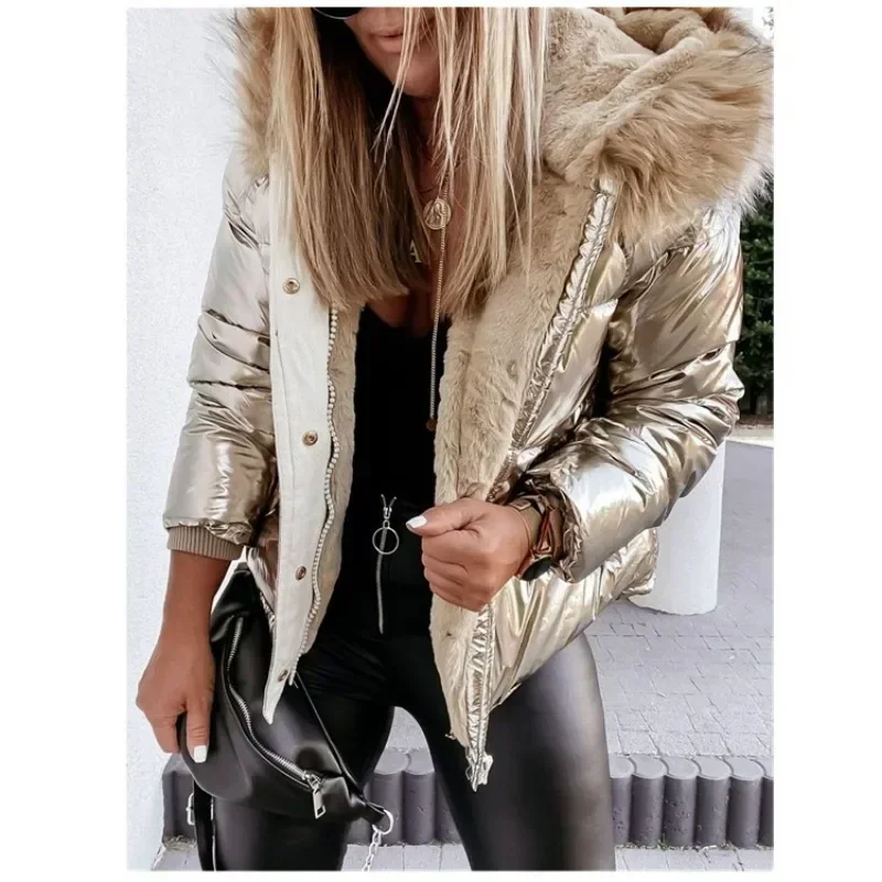 Women Fashion Fake Fur Hooded Jacket Winter Warm Coat Slim Fit Wadded Parka Down Coat Long Coat Outwear