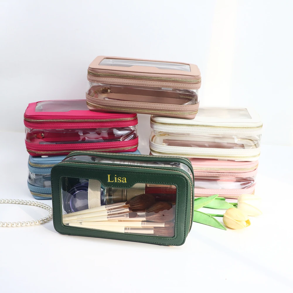 Kundenspezifischer Name aus PU-Leder + transparenter TPU-Kulturbeutel, tragbare Reise-Make-up-Tasche, wasserdichte Aufbewahrungstasche mit großem Fassungsvermögen – Detail 4
