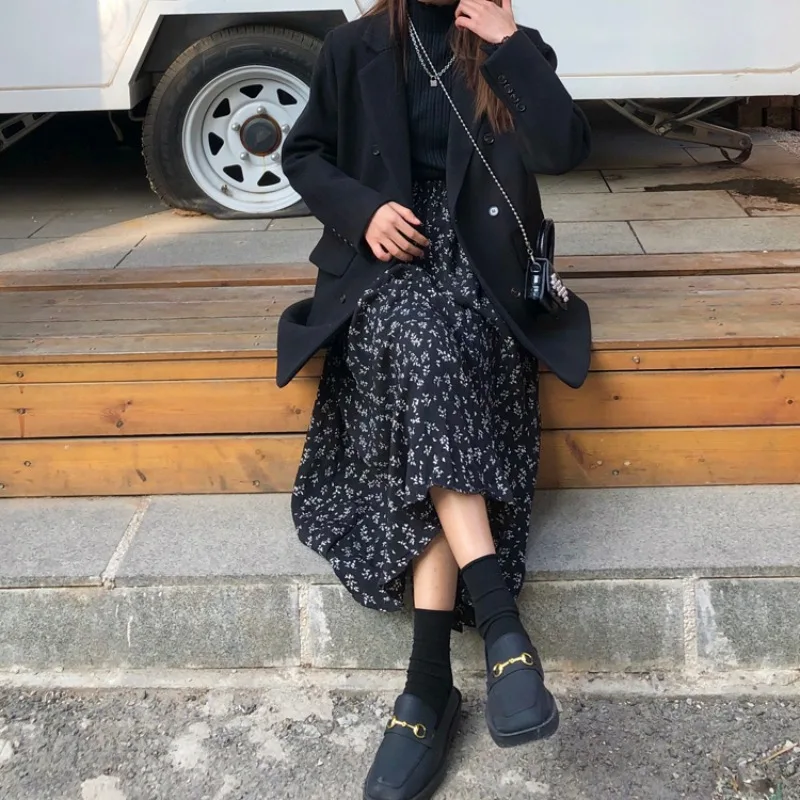 Floral Print Loose High Waist Midi Skirt Women's Spring Summer New Korean Sle Versatile Long Skirt A-Line Gown