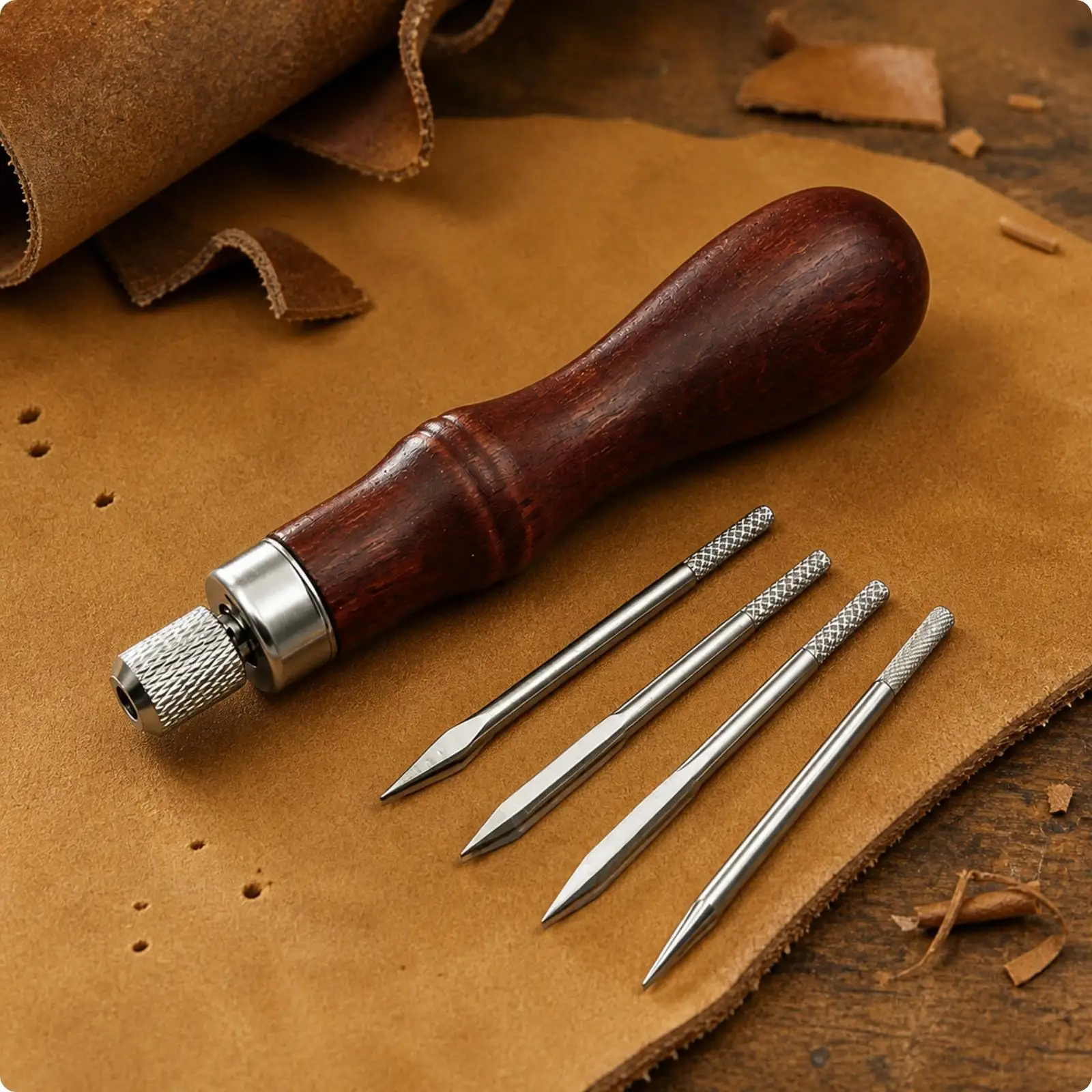 DIY Leather Craft Sewing Awl Punching Tool with Textured Grip Metal Chuck for Consistent Hole Placement in Leather