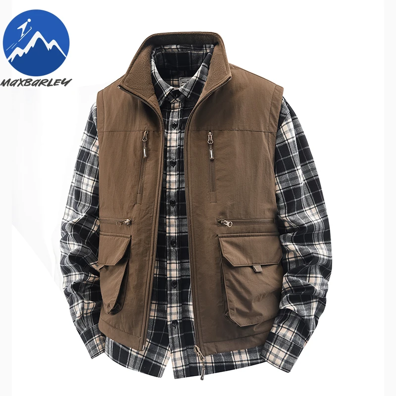 

Maxbarley Work Vests Jacket Men Autumn Winter Zipper Pocket Fleece Warm Sleeveless Vest Outdoor Camping Double-sided Waistcoat
