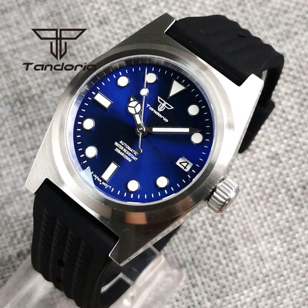 Tandorio 38MM Steel Case 20bar Diving Men Watch Dome Sapphire Glass Silicone Band NH35 Movt Sunburst Grey/Blue Dial Luminous