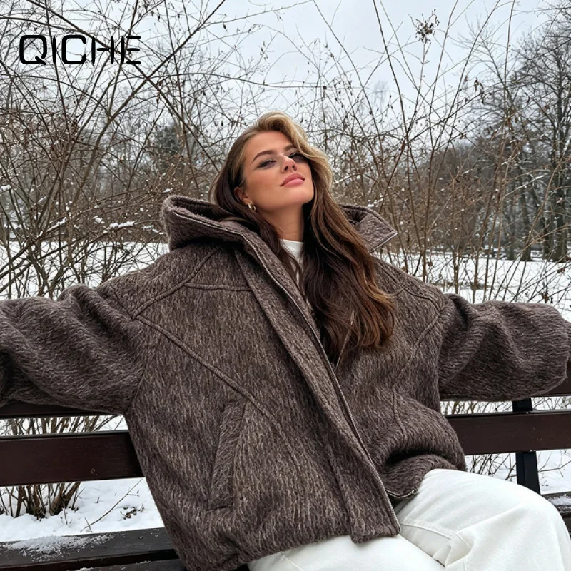 QICHE 2026 Women Vintage Heathered Hooded Woolen Coat Oversized Zip‑Up Short Thick Warm Wool Outer Top
