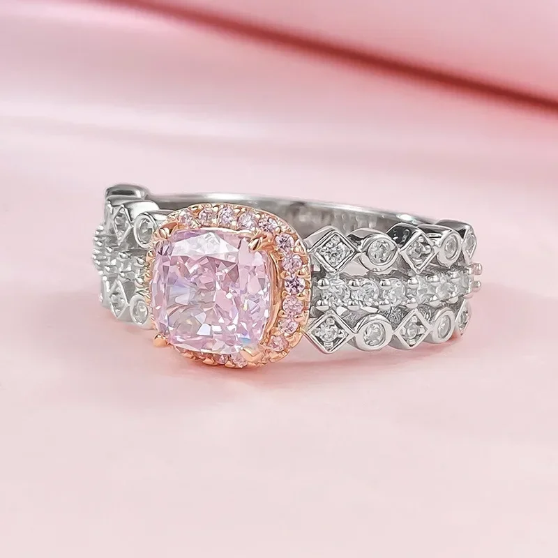 SpringQiaoer 925 Sterling Silver 6*6 MM Crushed Ice Cut Lab Pink Sapphire High Carbon Diamond Gemstone Women Ring Fine Jewelry