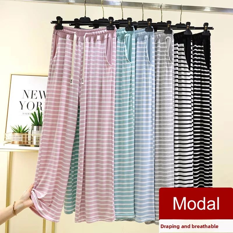 Celana Kasual Modal Besar untuk Wanita, Celana Lurus Bergaris Tipis, Celana Lebar, Celana Santai Longgar dengan Kantong, Celana Piyama Rumahan