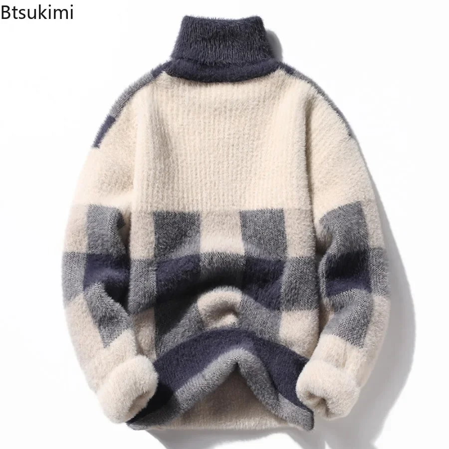 2024 Men Sweaters Winter Plush Thicken Warm High Collar Knitted Pullover Sweaters Male Korean Style Personalized Casual Sweaters