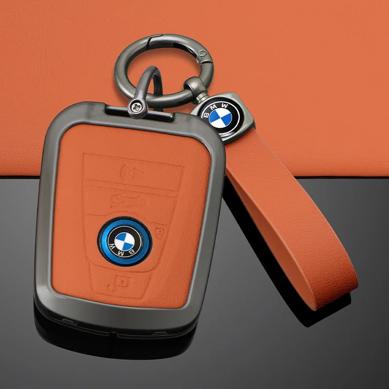 

Leather Zinc Alloy Car Remote Orange Key Case For BMW I3 I8 Series 2014 2015 2016 2017 2018 Auto Protection Keychain Accessories