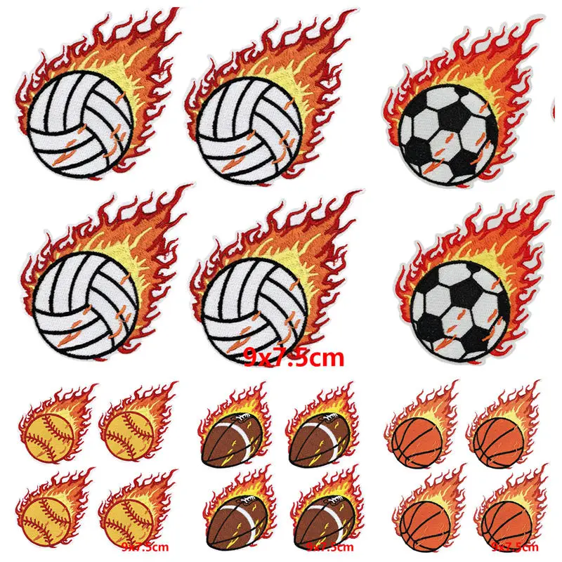 

10PCS/Lots Flame Football Basketball Volleyball Rugby Baseball Embroidered Patches On Clothes Iron On Patches For Clothes Badges
