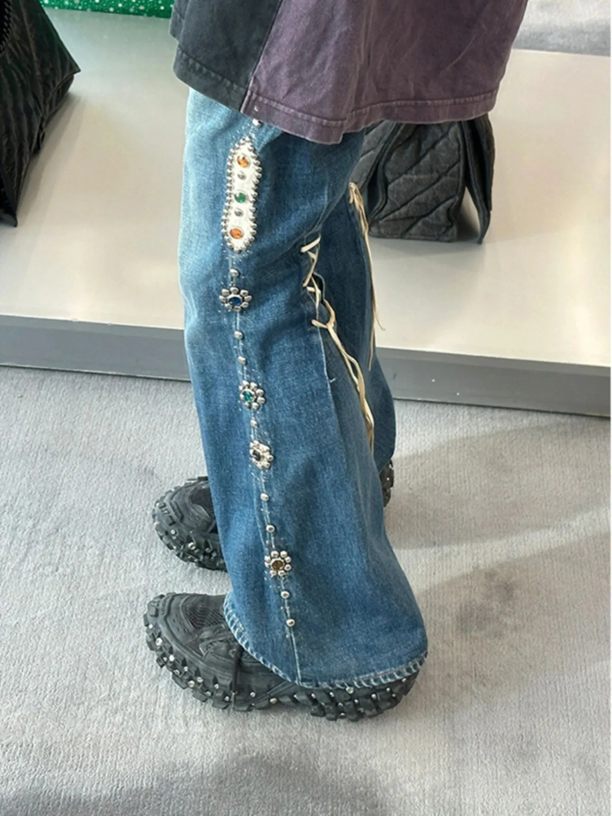 Heavy Industry Retro Nail Bead Jeans American Street Straight Leg Wide Leg Pants for Women and Men