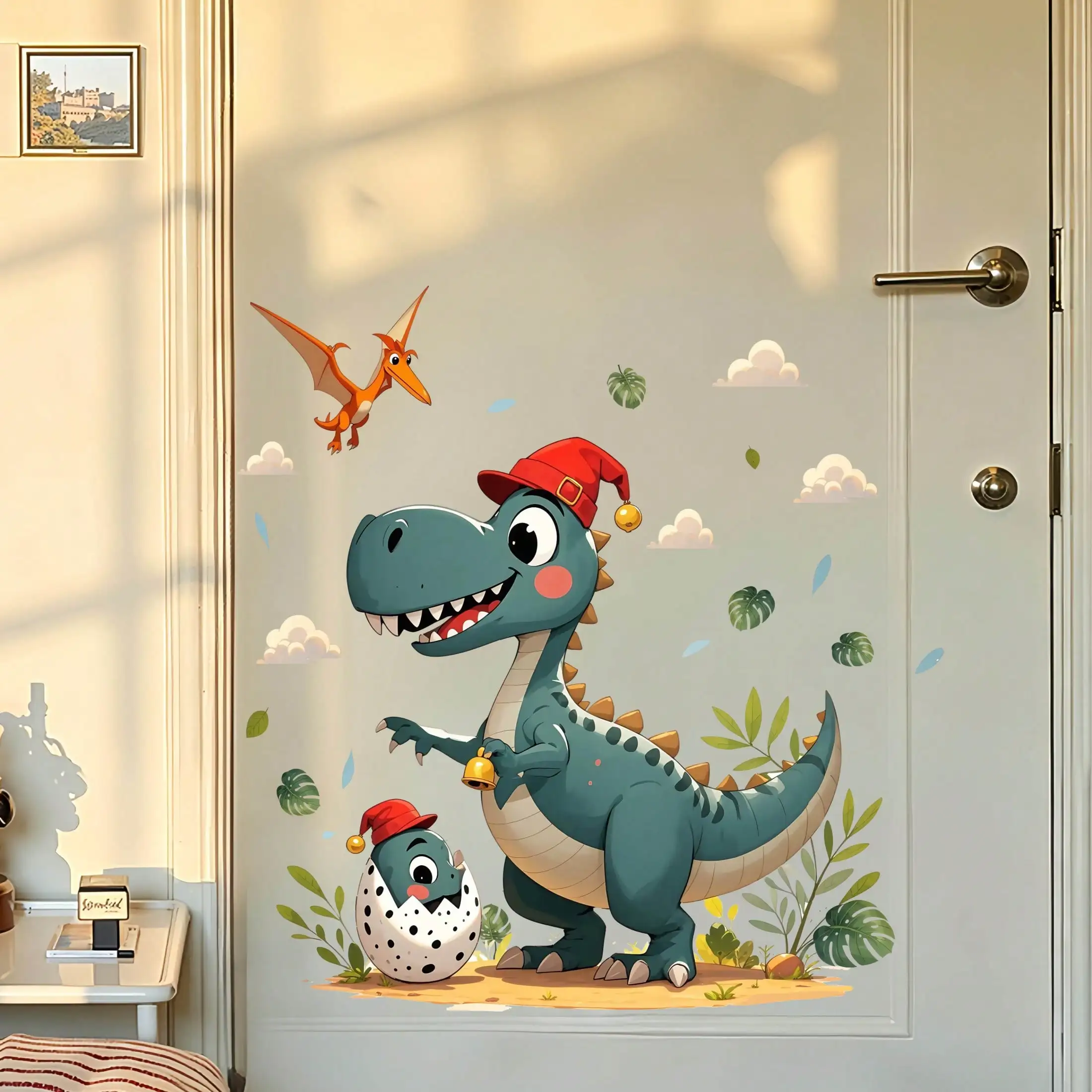 Christmas style dinosaur wall stickers cartoon tyrannosaurus rex/pterosaur children's room/door wall decoration self-adhesive st