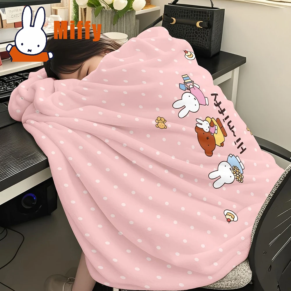 Kawaii Miffy Flannel Blanket Cute Rabbit Throw Air Conditioning Quilt Soft Warm Anti-static Dorm Office Nap Student Girl Gift