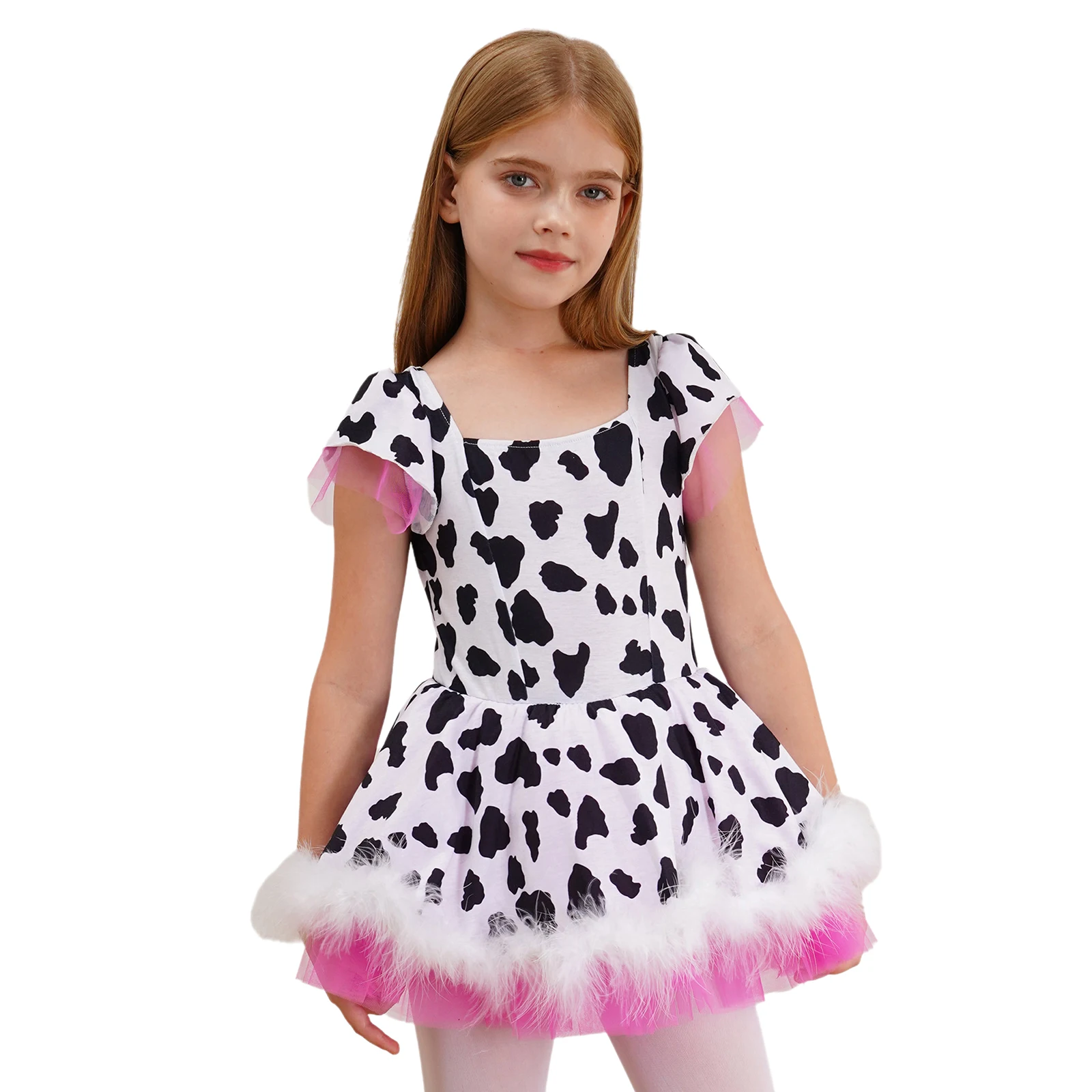 Kids Cowgirl Costume Girls Cow Prints Short Sleeve Plush Tutu Dress Leotard for Halloween Western Rodeo Dress Up Party Carnival