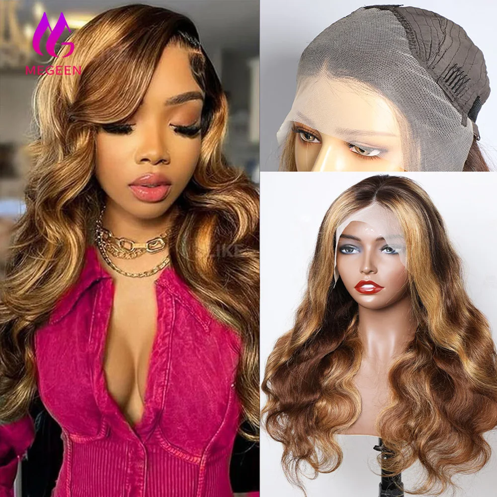 Megeen 13X4 Lace Front Wig P4/27 Highlight Transparent Lace Frontal Wig Human Hair Honey Blonde Body Wave Wigs Ombre Colored Wig
