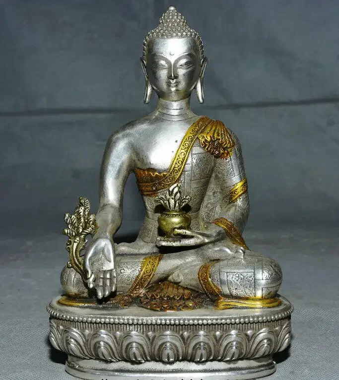 

8.4"Old Tibet Buddhism Silver Gilt Menla Medicine Buddha Medical God Robe Statue