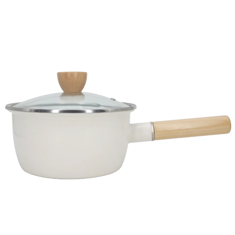 

Enamel Pot 20cm Thick Single Handle Soup Pot Flat Milk Pot Noodle Pot with Lid Wooden Handle Pot Breakfast Cooking Pot Cookware