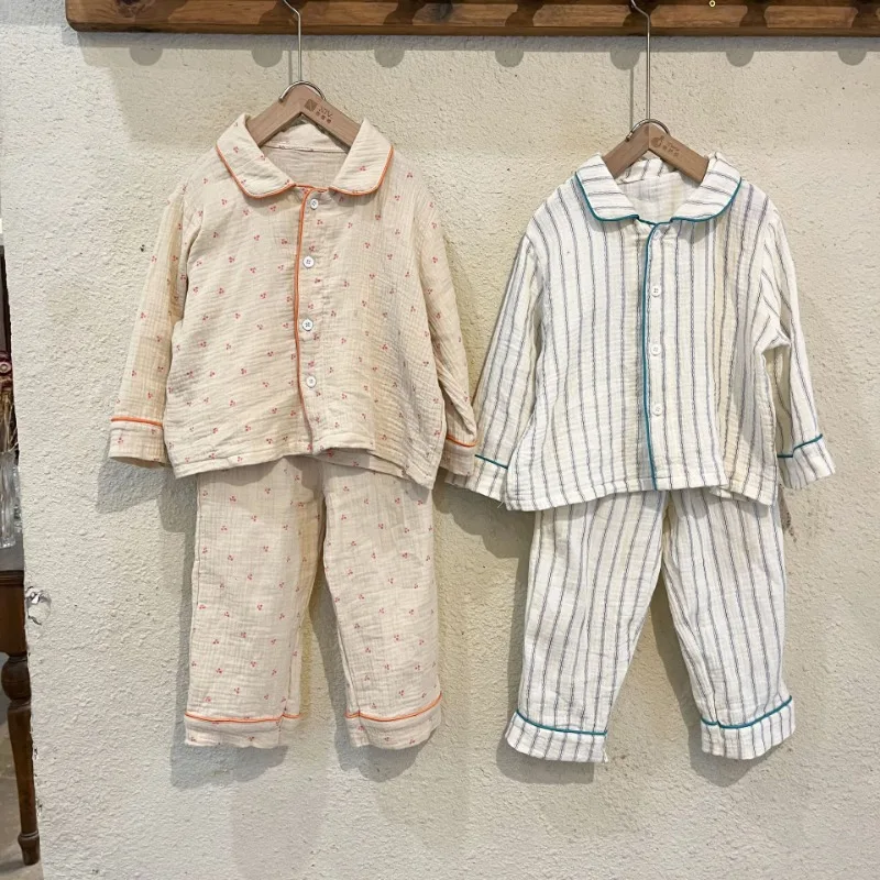 2023 Autumn Kids pajamas set Floral Vertical stripe Yarn cotton long sleeve sleepwear Girls Boys casual Home Wear