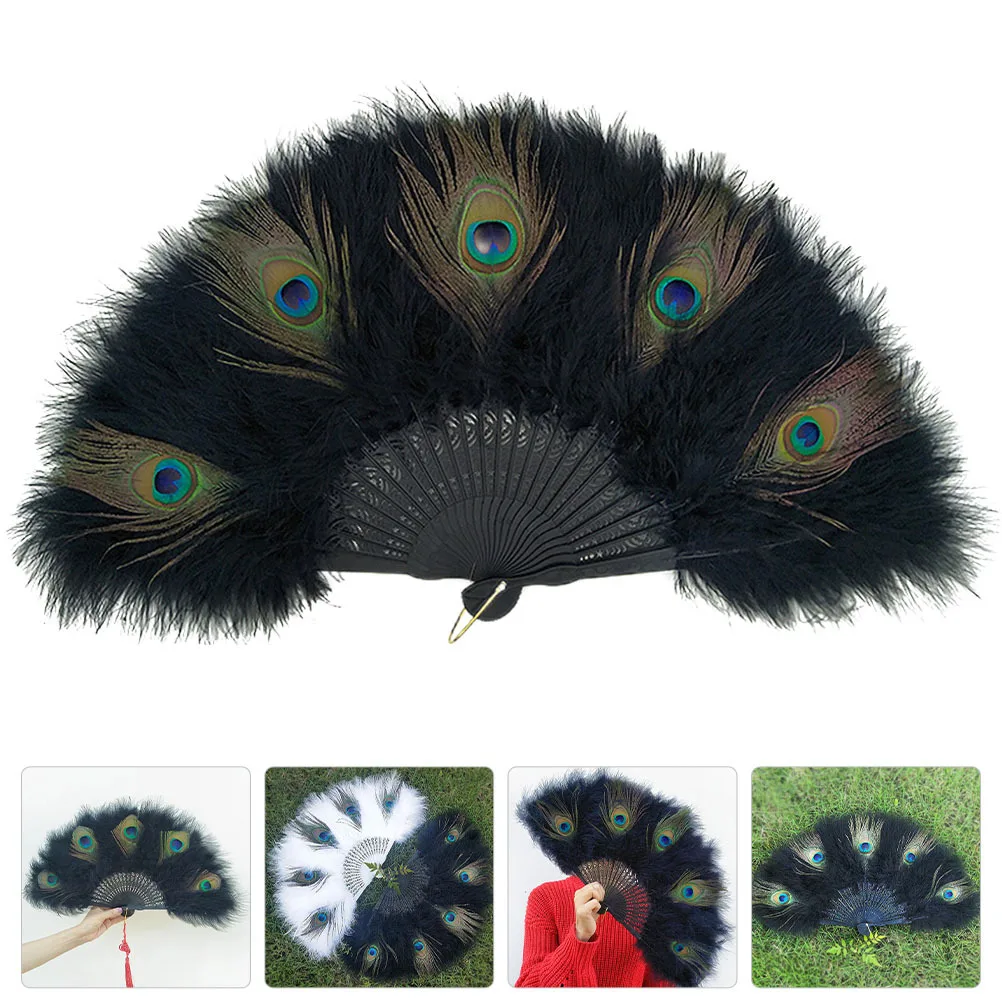 

Unique Peafowl Plume Folding Fan Vintage Chinese Style Handheld Elegant Decor for Dance Party Plume Fans Folding Fan