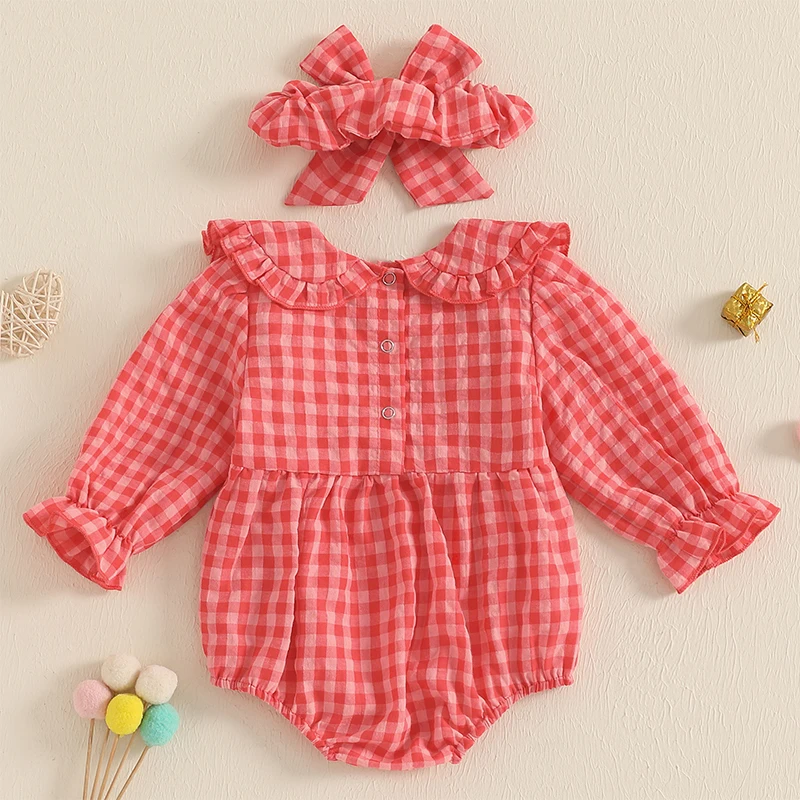 EWODOS Baby Girls Autumn Red Outfits with Bow Headband Love Heart Plaid Pattern Crew Neck Long Sleeve Doll Collar Infant Rompers