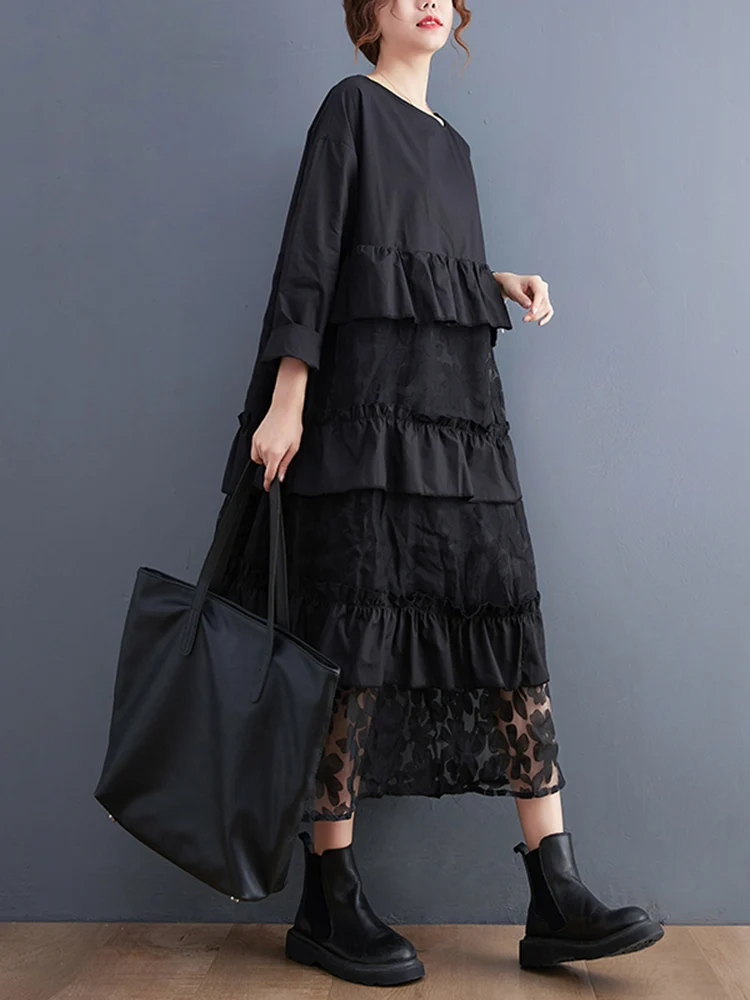 Ruffles Mesh Floral Black Vintage Dress Women Long Sleeve Loose Casual Midi Ladies Dresses Fashion Clothing Spring Autumn 2025