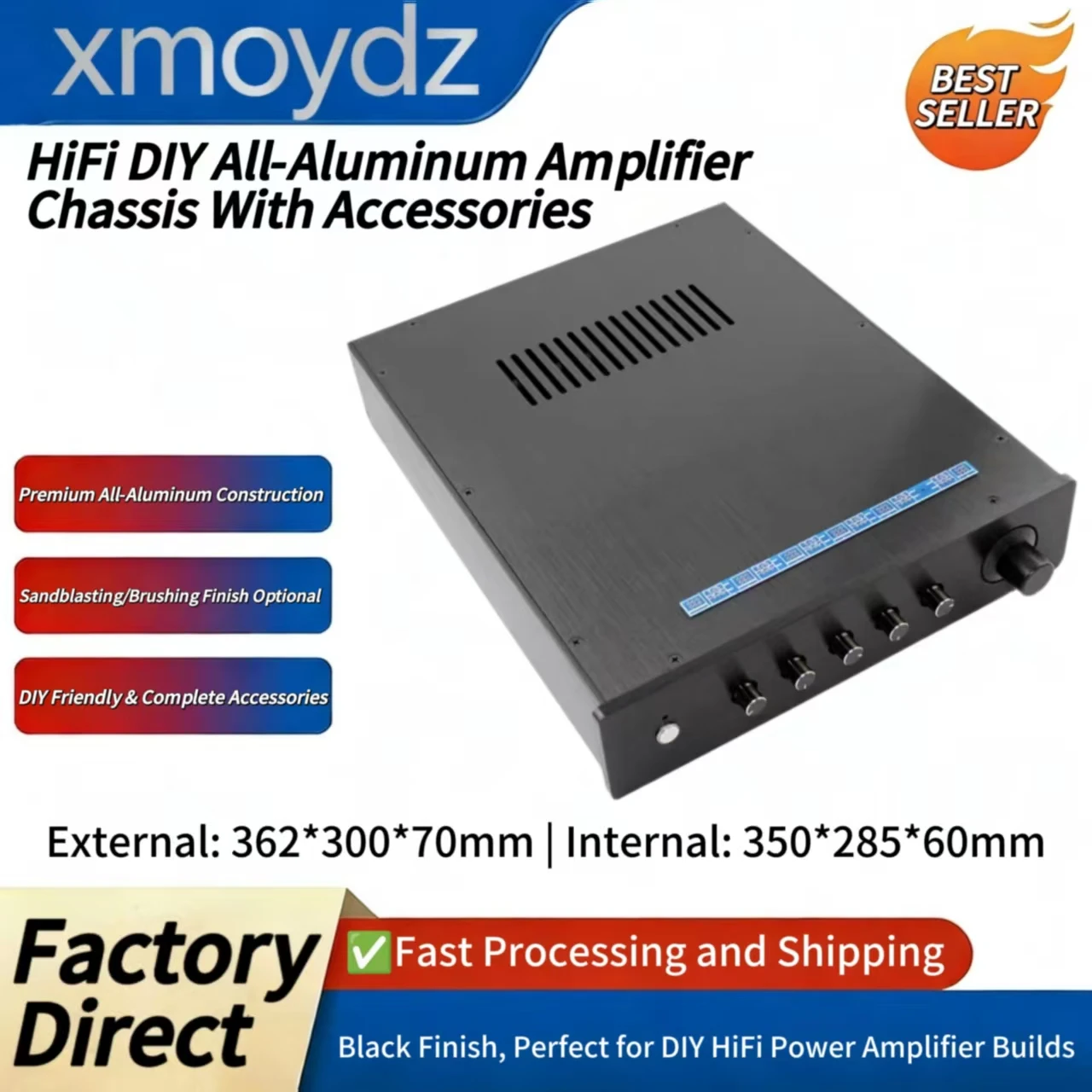 

Корпус для Hi-Fi усилителя DIY из алюминия, 362*300*70 мм, черный, с аксессуарами, внутренний размер 350*285*60 мм