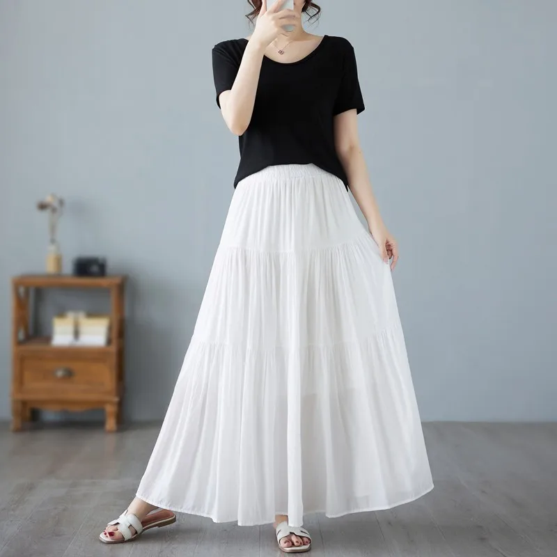 2024 Spring Summer New Korea Fashion Women Elastic Waist A-line Long Skirt All-matched Casual Solid Holiday Pleated Skirt P665