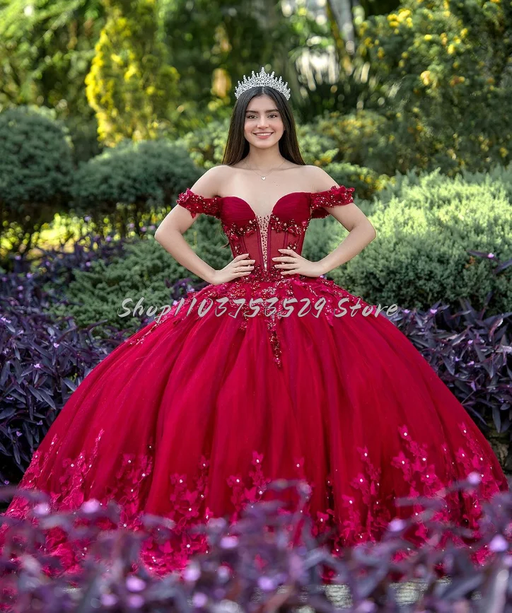 Exquisite Crimson 15 Quinceanera Dress Elegant Card Shoulder 3D Floral Rhinestone Sequins Appliques Tiered Tulle Princess Party