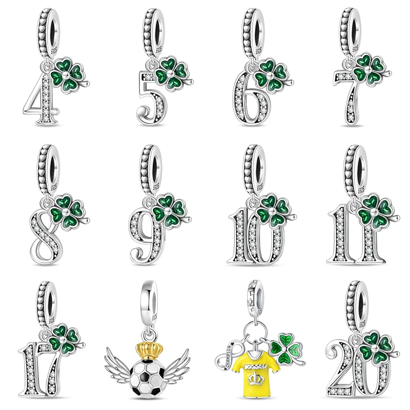 Trevo de Quatro Folhas Números da Sorte Encantos, 100% 925 Sterling Silver, Futebol Pingentes, se Fits Pulseiras Originais, Fine DIY Jóias