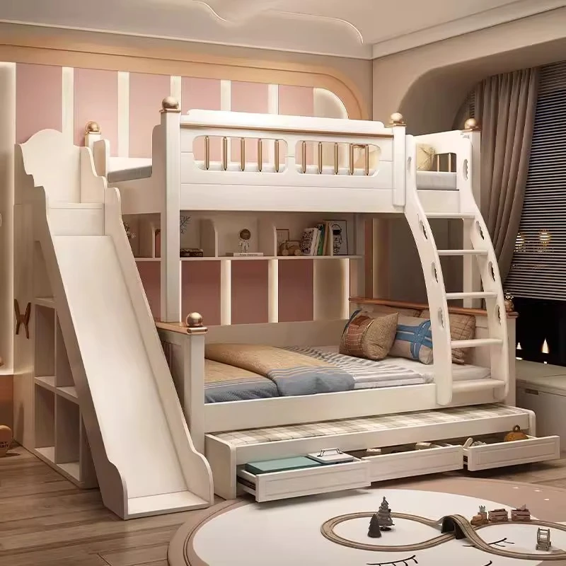 135x190cm wood mattress bunk bed With slide ladder king size frame 3 drawers storage kids loft bed queen bed 2 people furniture
