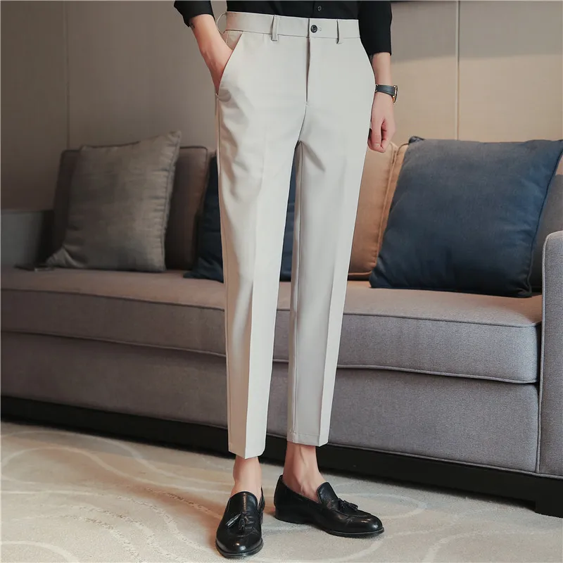 

Мужские деловые повседневные однотонные брюки, прямые Стрейчевые классические брюки, облегающие брюки для подростков, размеры 20-38, весна и осень 2022