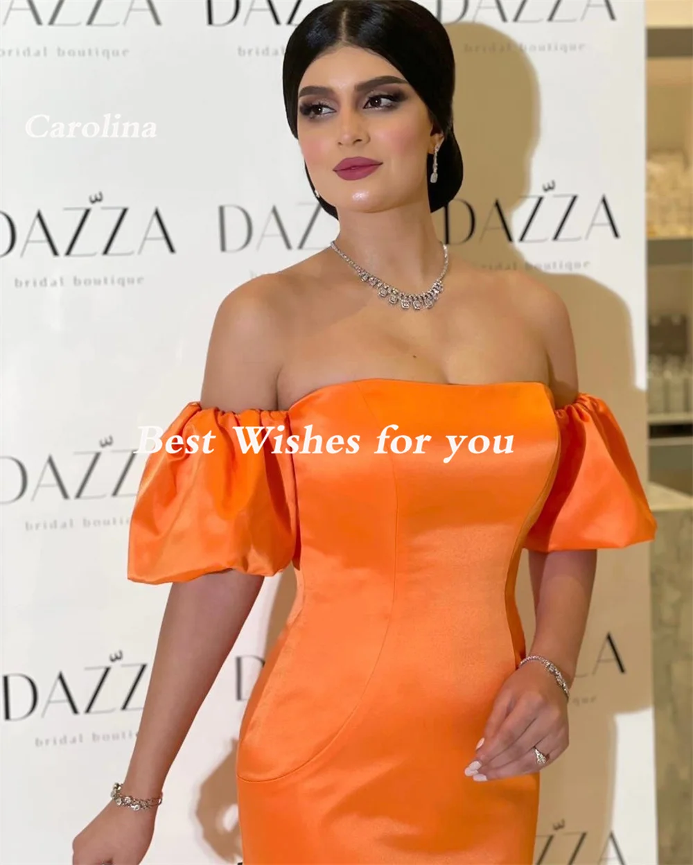 Carolina Off the Shoulder Saudi Arabic Orange Prom Dresses Knee Length Sleeveless Satin  Formal Women Evening Party Dress