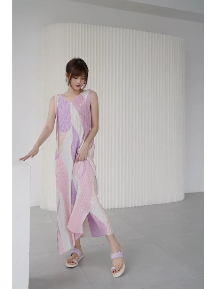 Folded Beach Vacation Dress for Women in the Small Market Summer New Style Sling Style Sweet Color Block Sleeveless Long Dress