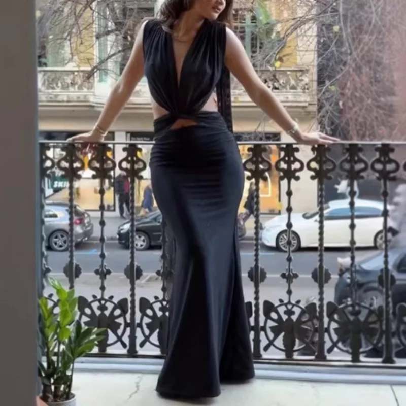 

Women's Fashion Summer Hollow out Tie Side Slit V-Neck Sleeveless Pleated Irregular Dress Outfit