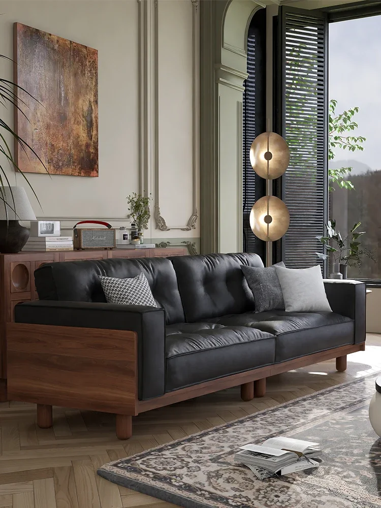 French retro leather sofa living room full solid wood small apartment inline row medieval style black cowhide sofa