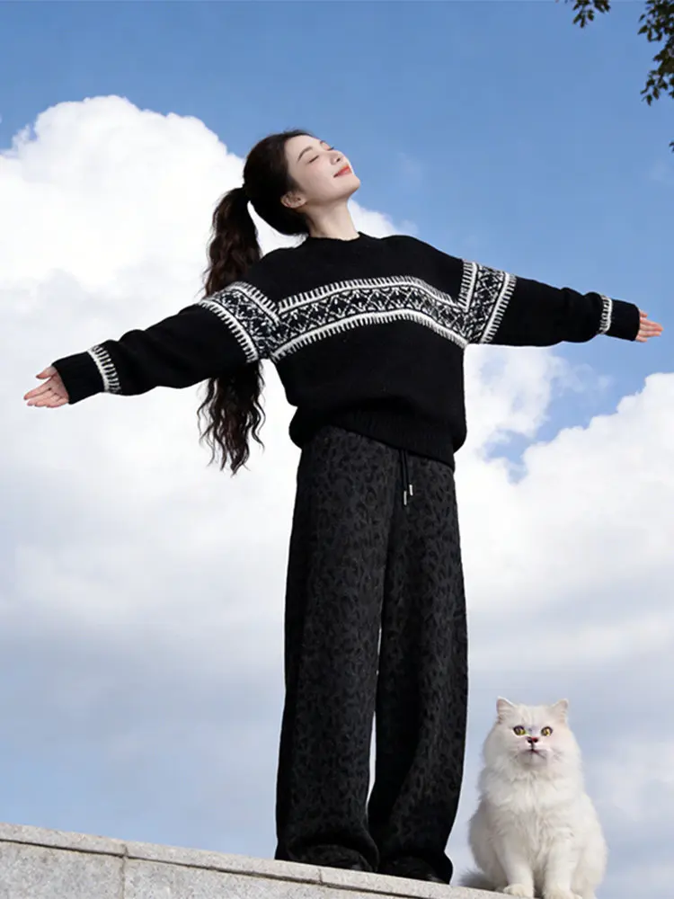 

Ретро-корейский вязаный свитер с круглым вырезом и длинными рукавами в стиле Fair Isle для женщин, повседневный, осенне-зимний, новинка, топ