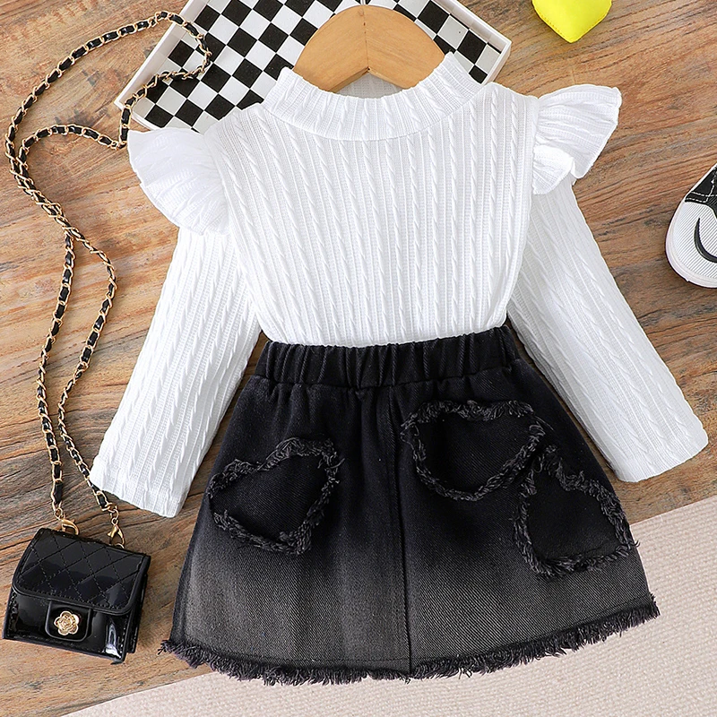 Fall Girls Outfit Sets Korean Fashion Cute Long Sleeve White Tops+Black Denim Skirt Toddler Clothes Baby Boutique Clothing BC451