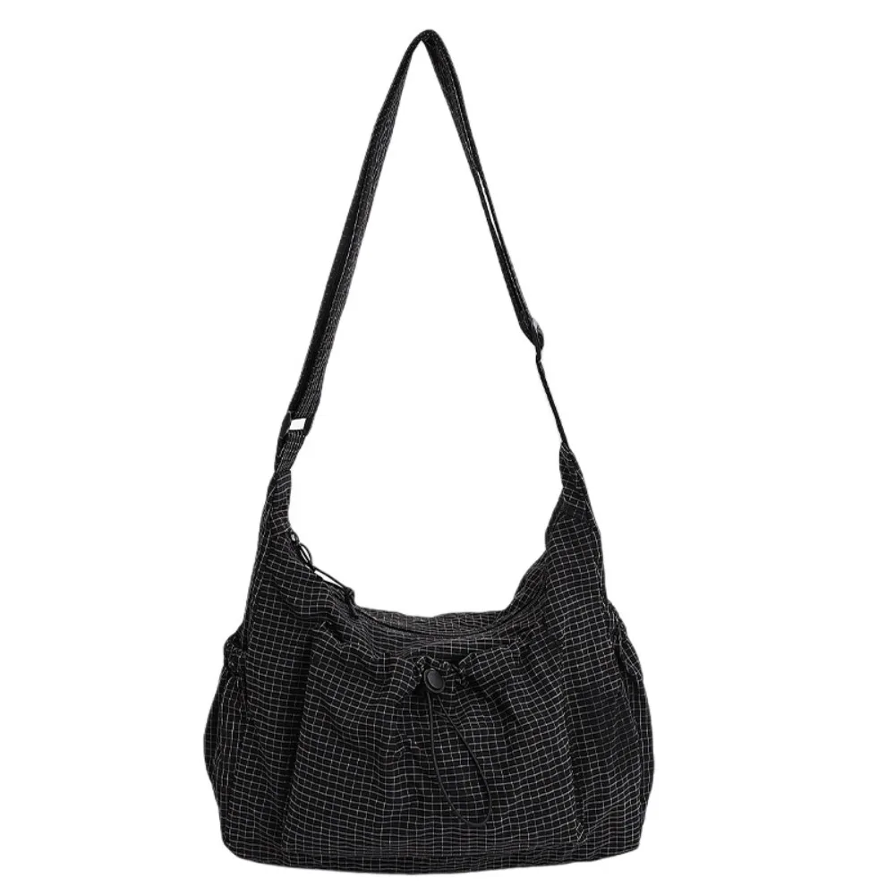 

Сумка-тоут через плечо с регулируемым ремнем, в клетку, на молнии, из ткани, большой вместимости, на шнурке, плиссированная