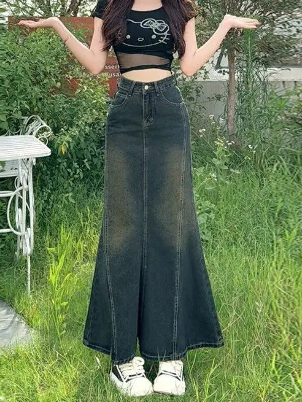 Dżinsowa spódnica z wysokim stanem damska, spódnica w kształcie litery A z efektem rybki, wyszczuplająca spódnica kopertowa, bawełniana, codzienna, do pracy.