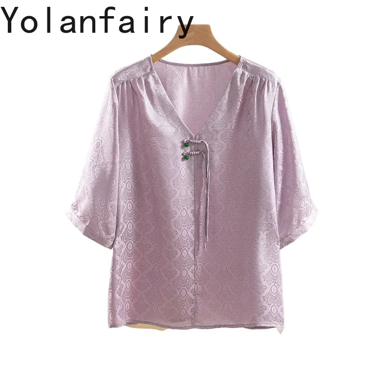 YOLANFAIRY 100% Real Mulberry Silk Blouse for Woman 2025 Summer Loose Ladies Tops and Blouses Top 8-shaped Jacquard Blouse Femme