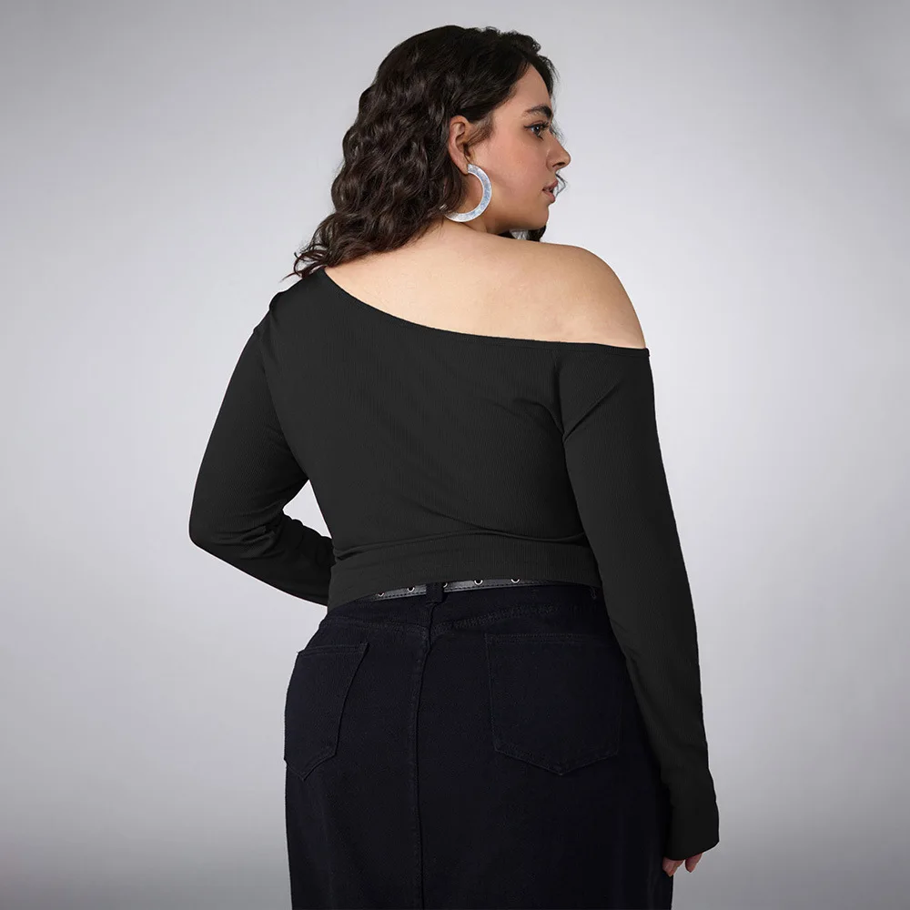 Autumn And Spring Fashion Elegant Solid Color Button Cross Strap Design Skew Neck Thin Plus Size Women's Long Sleeve T-shirt
