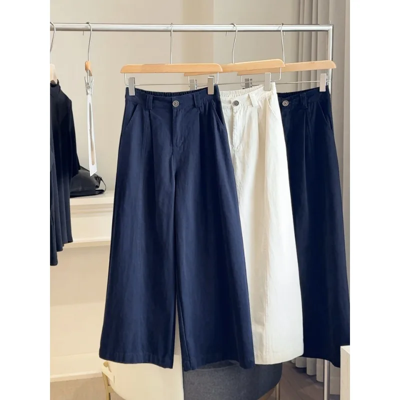 레트로 엘라스틱 하이웨이스트 워시드 코튼 여성 와이드 레그 팬츠 여성 루즈 캐주얼 솔리드 여성 스트레이트 레그 팬츠