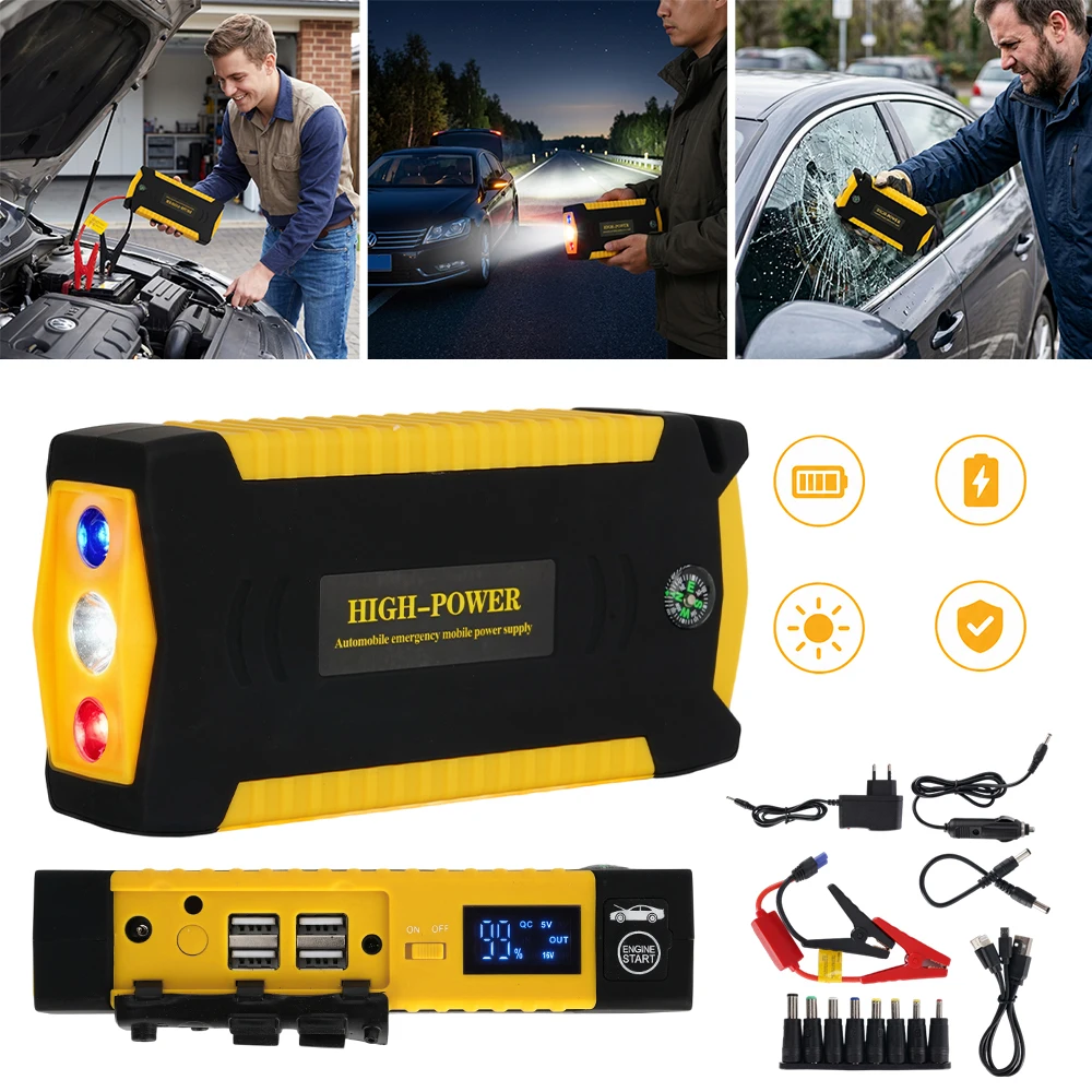 Démarreur de batterie puissant 12V avec lampe de poche, marteau de sécurité et coupe-circuit, idéal pour voiture, moto, bateau et applications marines - Kit de démarrage d'urgence