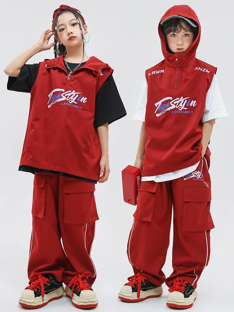 

Children's street dance trend suit, boy hip-hop cool and handsome wine red suit, girl's performance suit