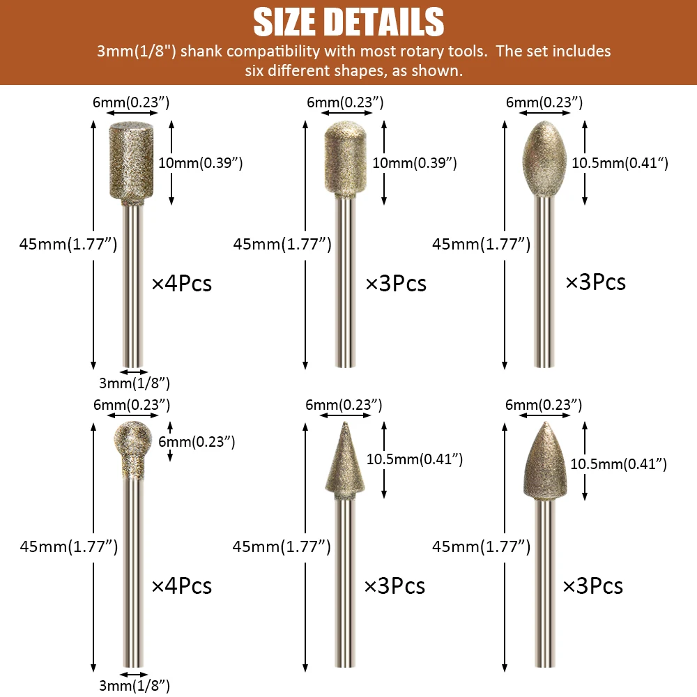 Stone Carving Set Diamond Burr Bits, 20PCS Polishing Kits Rotary Tools Accessories with 1/8’ Shank For Carving, Engraving, Grind