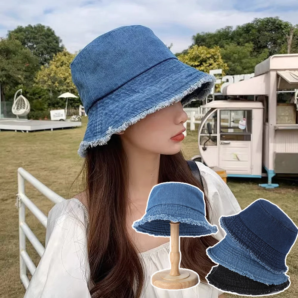 

2024 New Foldable Fisherman Hat Women Summer Cotton Bucket Hat Solid Color Denim Bucket Hats Bob Caps Hip Hop Black Men