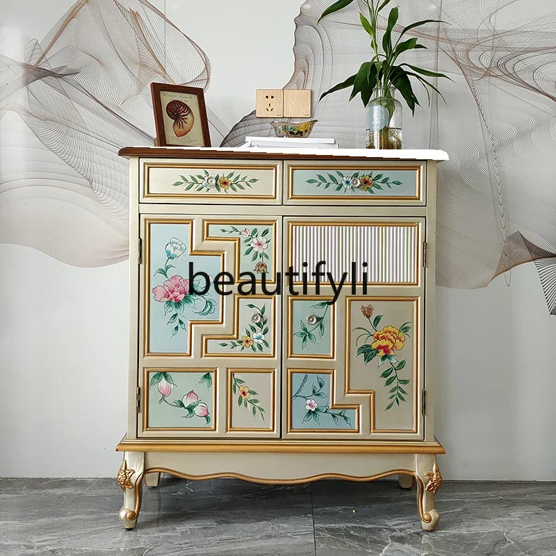 

American shoe cabinet solid wood painted chest cabinet champagne silver large capacity multi-layer storage cabinet