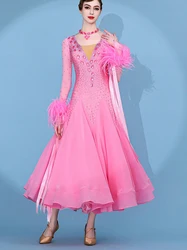 Women's Long Sleeve Ballroom Dance Dress Pink Professional Modern Waltz Dancing Skirt Lady's Standard Ballroom Dresses