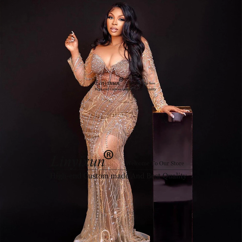 Bodycon Crystal Prom Jurken Zwart Meisje Lange Mouwen Zeemeermin Avondjurk 2026 Aangepaste See Through vestidos para noite