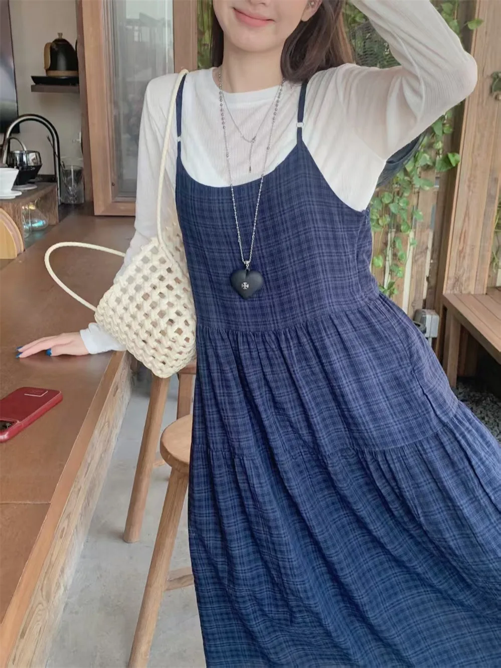 Rétro bleu Plaid sangle Dr femmes été mince longue Sve t-shirt haut doux vent ensemble décontracté Sle a-ligne jupe Polyester...