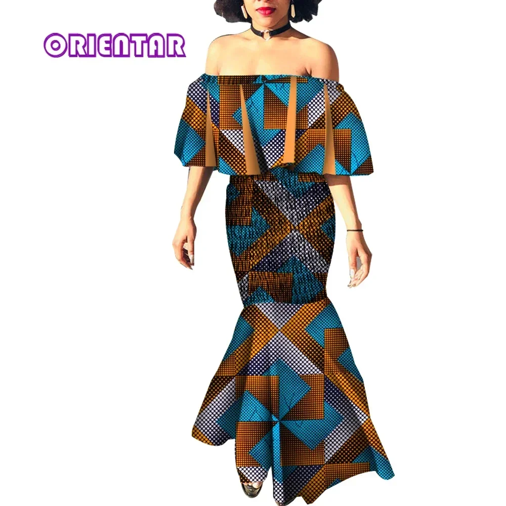 

African Dresses for Women Slash Neck Elastic Waist Dress for Evening Party African Print Ankara Dresses Clothing WY4663